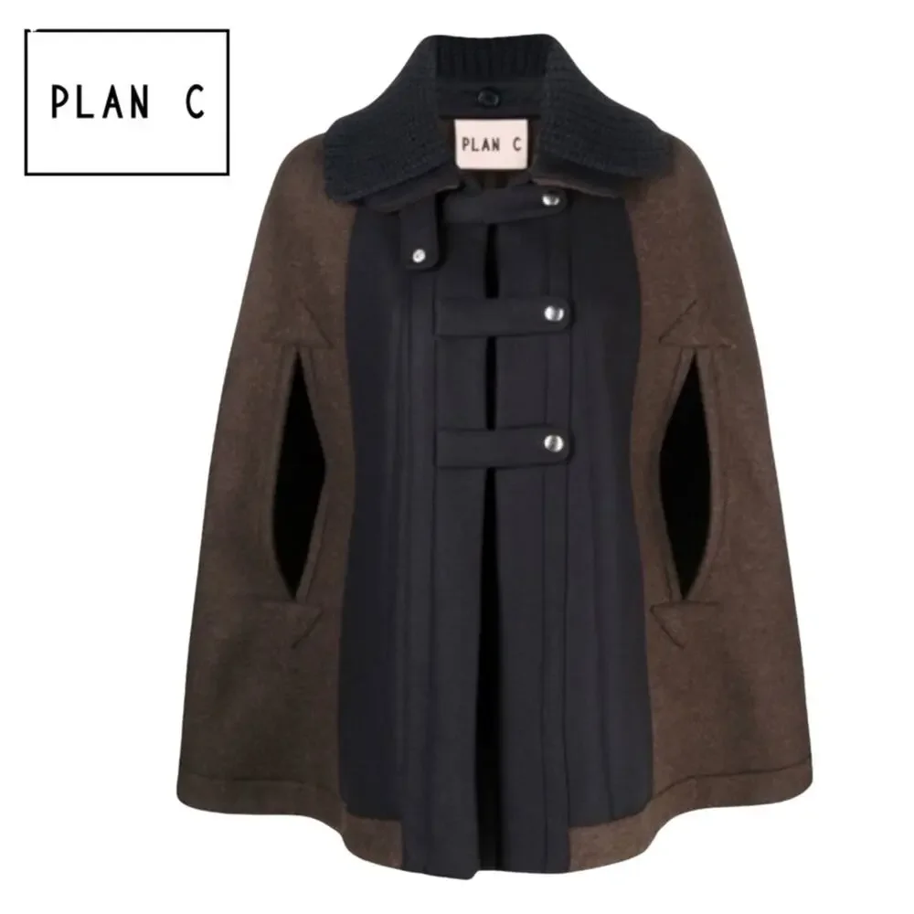 EUC PLAN C Roll-neck Wool Cape Jacket In Brown Size 46/US Size 10/Size L - Picture 1 of 14